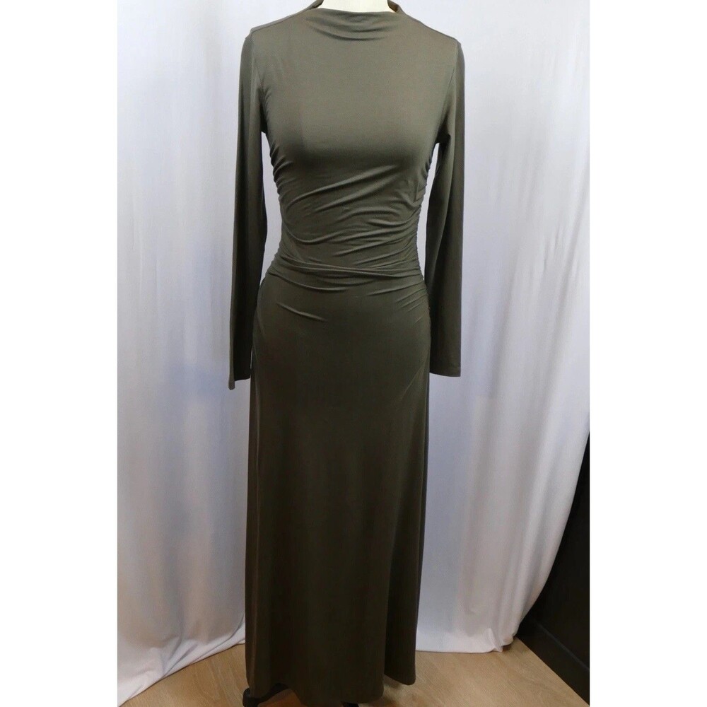 Reformation Ruched Maxi Dress Olive Green Long Sleeve High Neck Size S